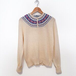 Vintage Susan Bristol Cream Shetland Wool Fair Isle Henley Sweater Size Large